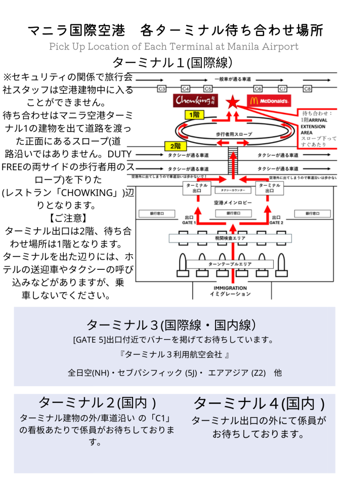 空港出口付近(到着ターミナルによって集合場所が異なります。)