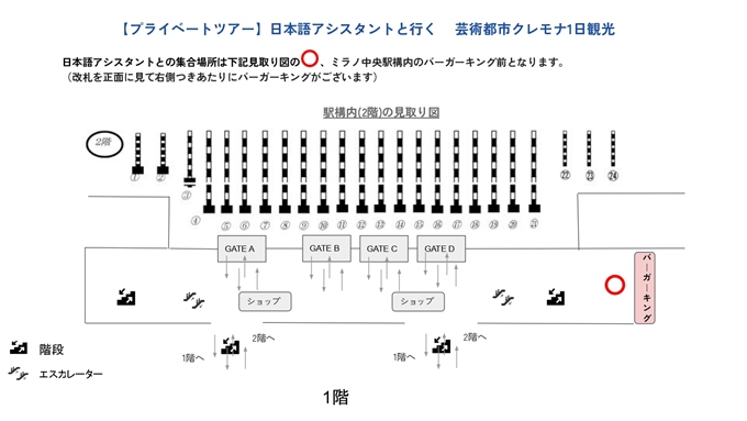 ミラノ中央駅構内のバーガーキング前（改札を正面に見て右側つきあたり）