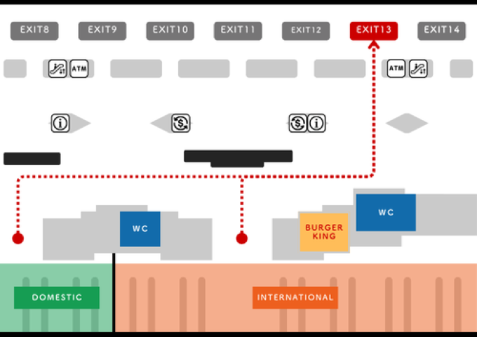 空港の１3番出口から外に出ていただいたところでお客様のお名前が書かれたネームボード（デジタル画面）を持ったスタッフがお迎えします。