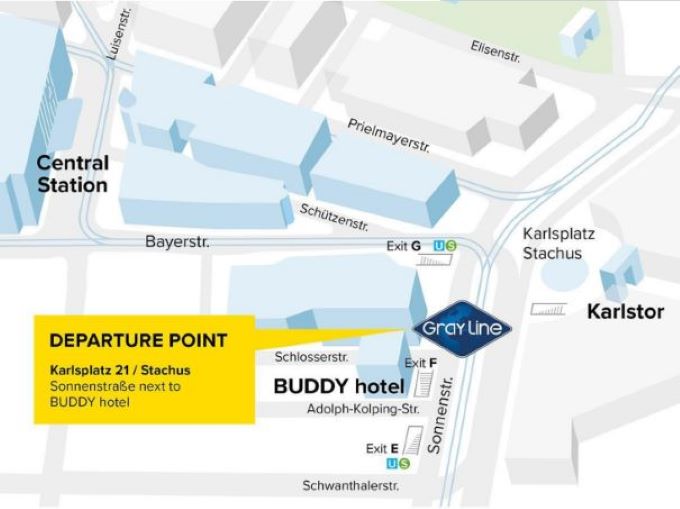 Karlsplatz 21 / カールス広場にある "BUDDY  Hotel" 正面入り口前（Sonnenstrasse側）