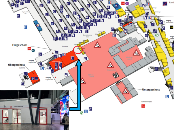 ミュンヘン中央駅(Munich Hauptbahnhof)構内 DB Information（DBインフォメーション）前